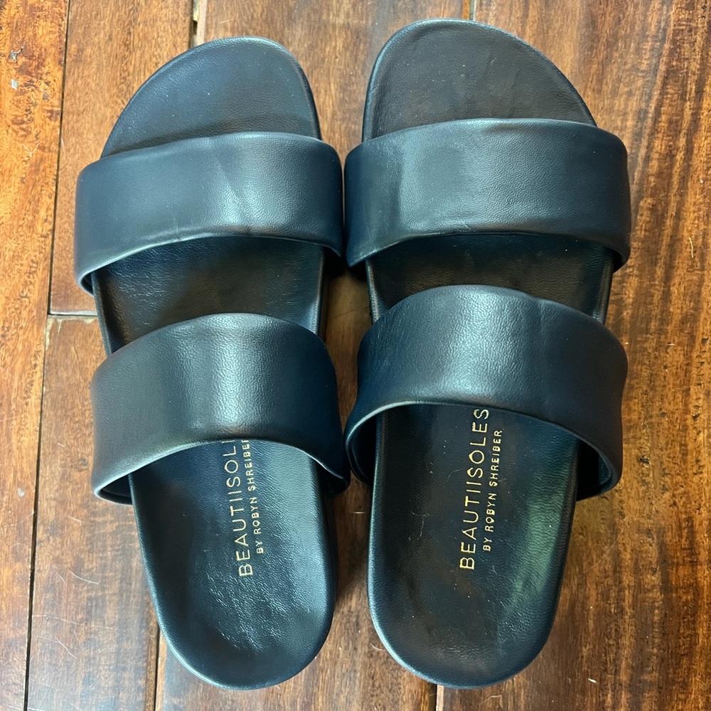 Womens Italian leather navy Slide Sandals